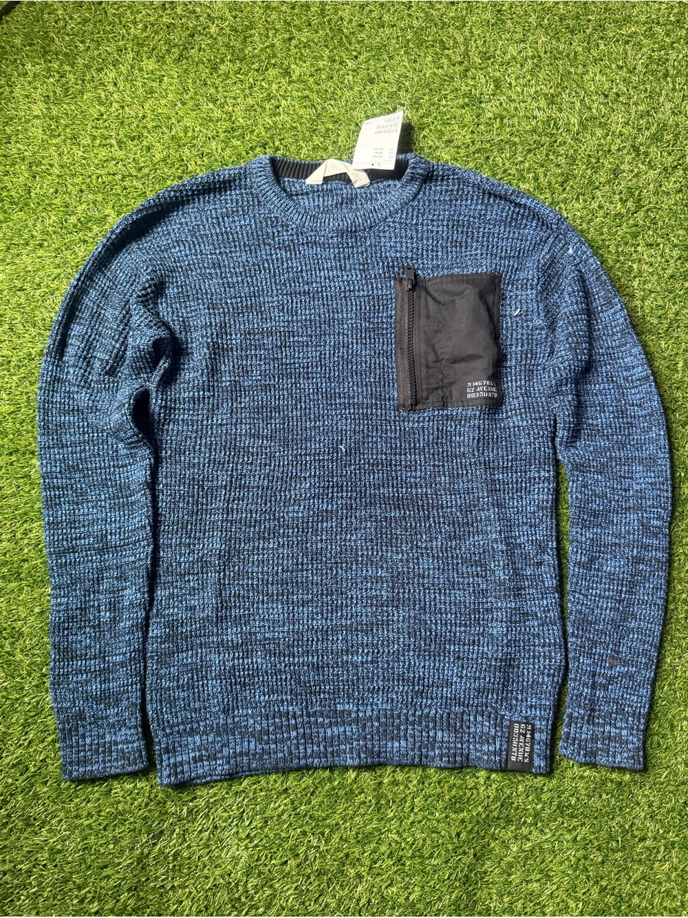Men's Blue Knit Crewneck Sweater with Chest Pocket